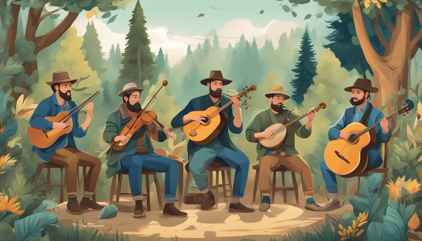 A group of musicians playing traditional hunting-themed folk music in a modern setting, surrounded by instruments and imagery of nature