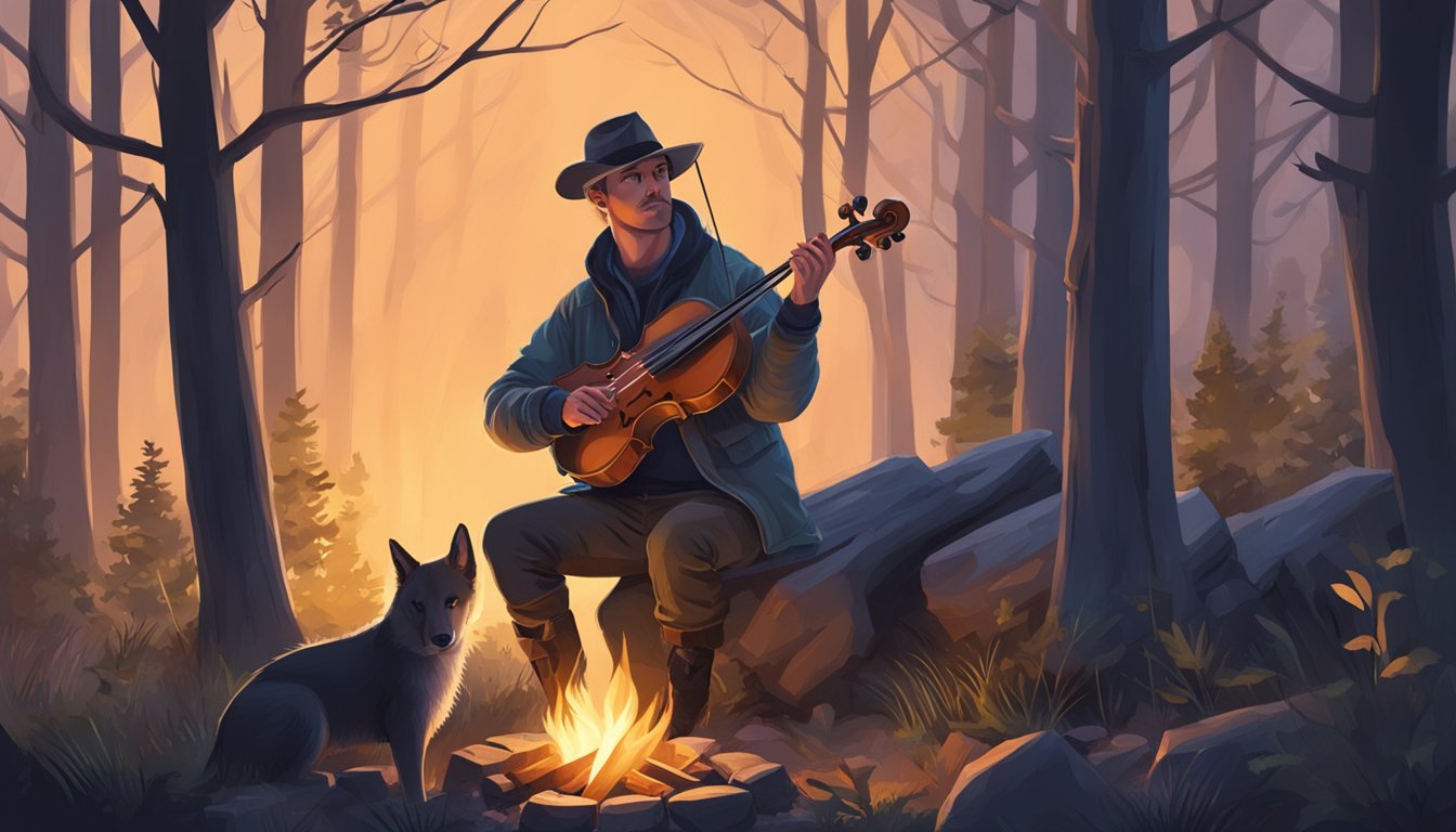 A hunter playing a fiddle by a campfire in the woods at dusk