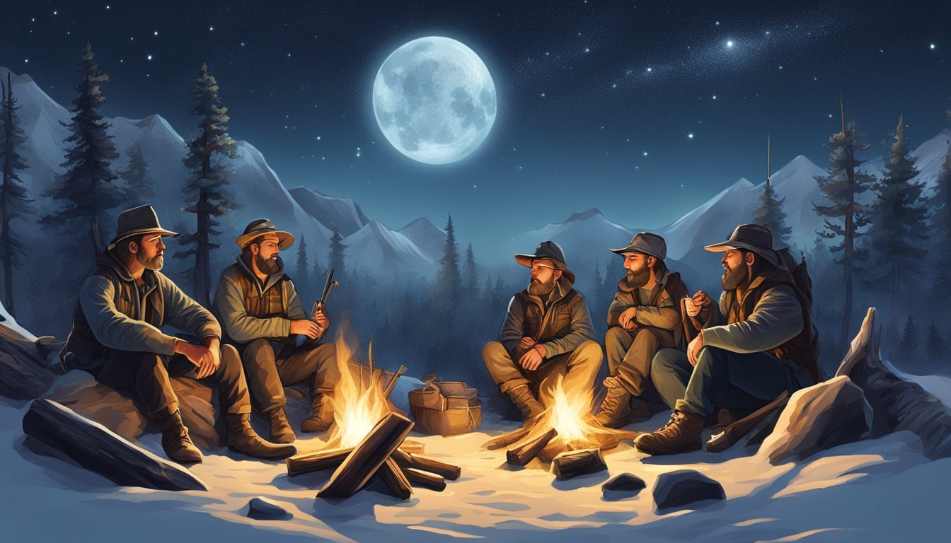 A group of hunters sitting around a campfire, sharing stories and legends from their hunting culture. The night sky is filled with stars, adding to the mystical atmosphere