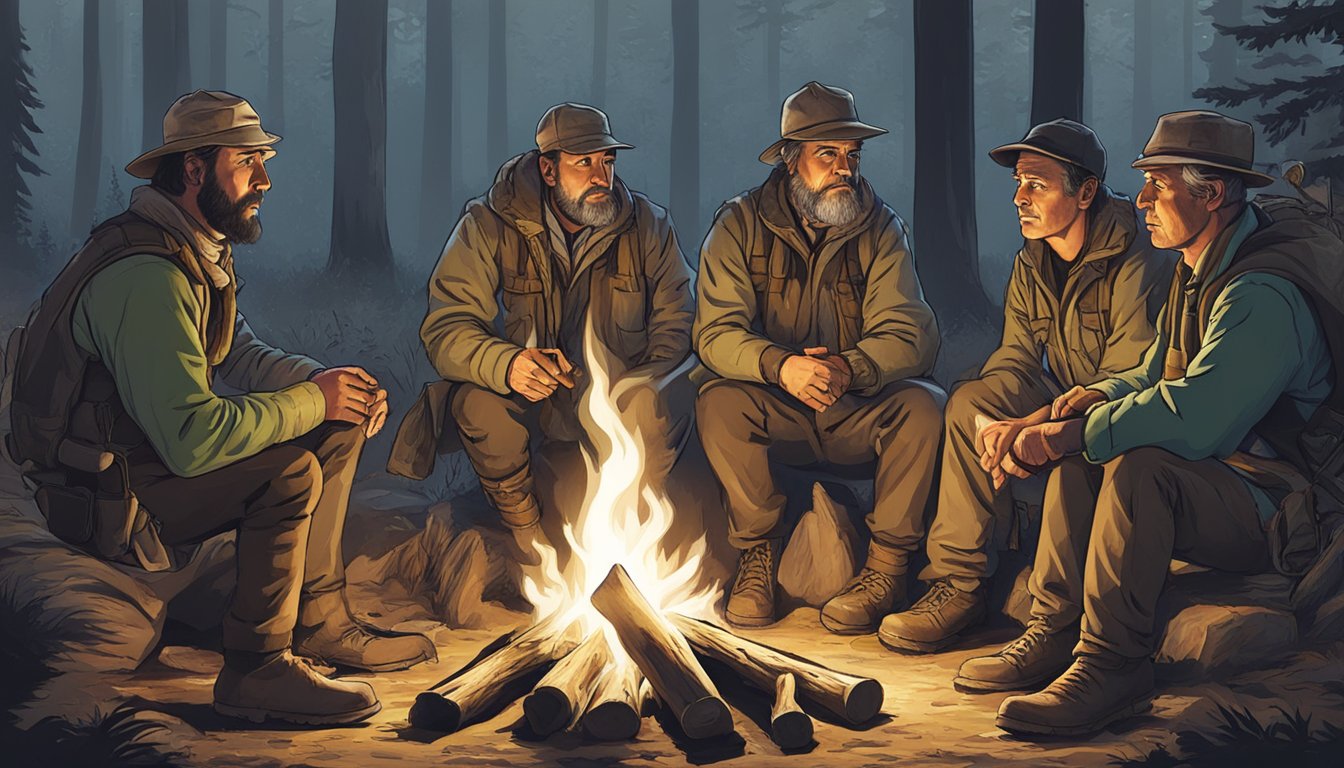 A group of hunters gather around a campfire, listening intently to an elder as he gestures and recounts tales of past hunts