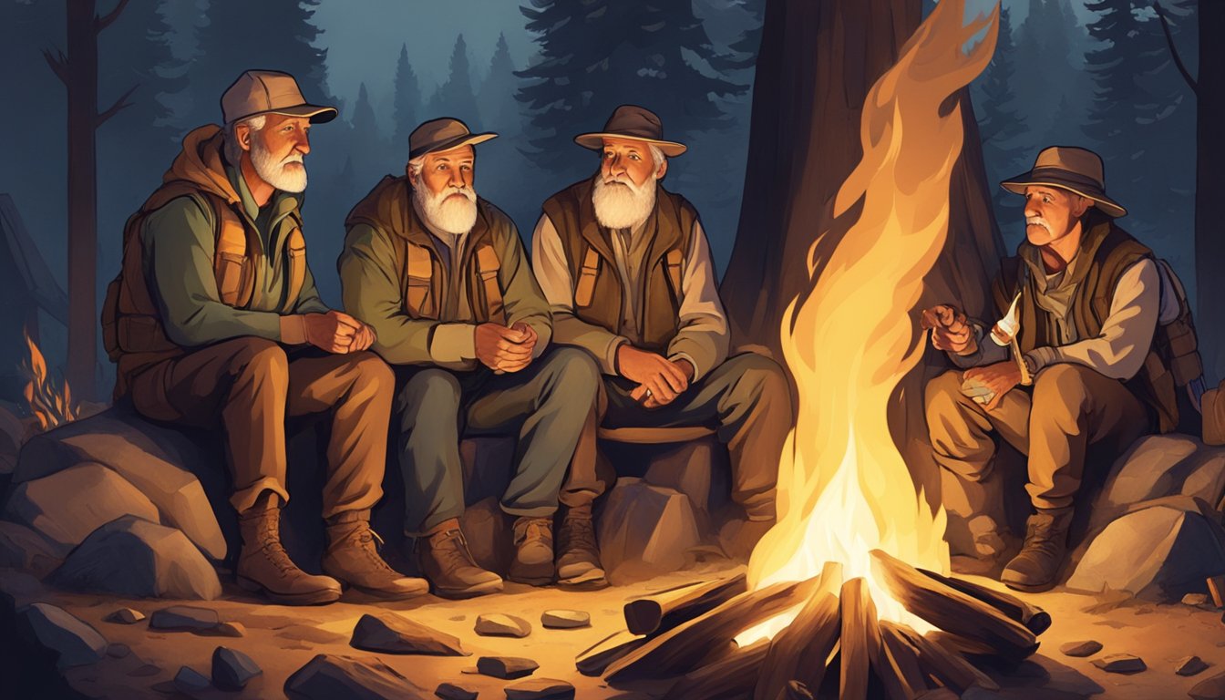 A group of hunters gather around a campfire, listening intently as an elder tells stories. The flickering firelight illuminates their eager faces