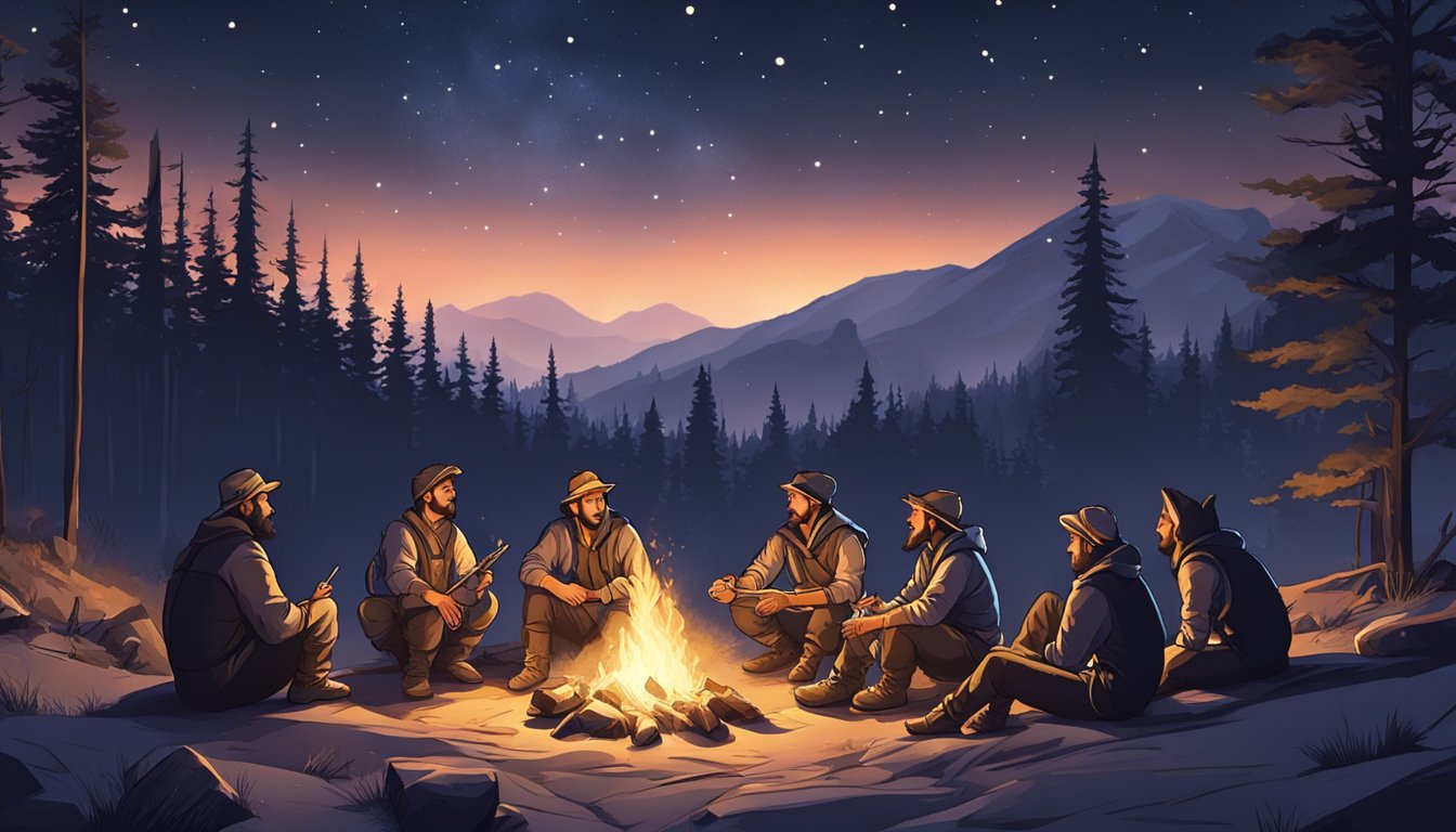 A group of hunters sit around a campfire, passing down stories through animated gestures and expressions. The night sky is filled with stars, adding to the atmosphere of ancient tradition