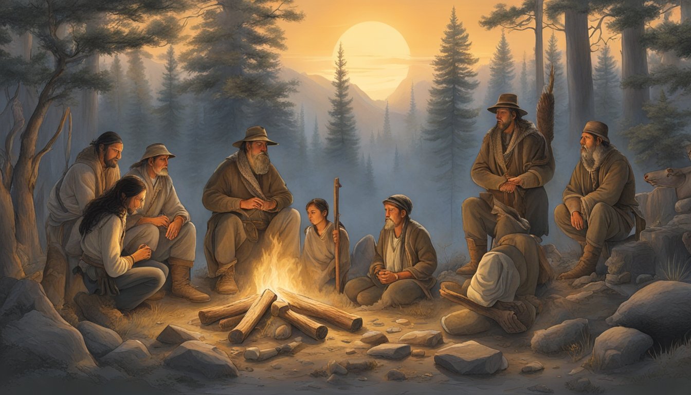 A group of hunters gather around a sacred fire, offering prayers and thanks to the spirits of the animals they hunt. The scene is filled with reverence and solemnity