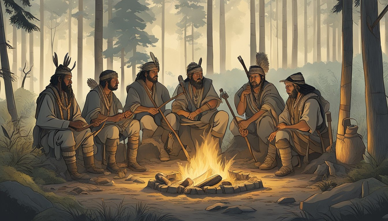 A group of hunters gather around a ceremonial fire, adorned in traditional clothing and holding ritualistic tools. The forest looms in the background as they prepare to honor the prey