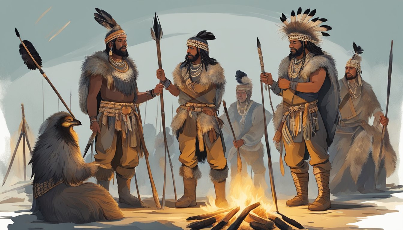 A group of hunters gather around a fire, adorned with feathers and animal skins. They hold spears and bows, performing a ceremonial dance to honor their prey