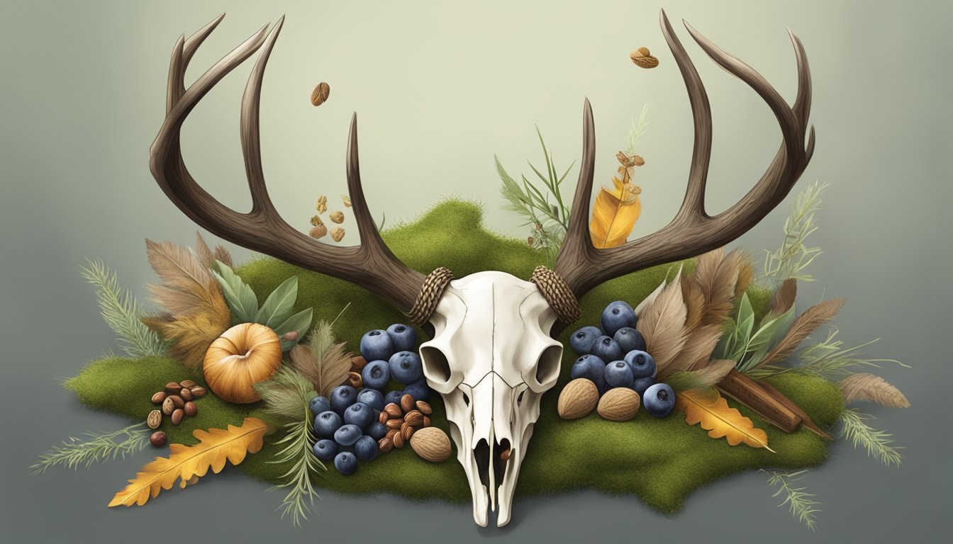 A deer skull adorned with feathers and herbs, placed on a bed of moss in a forest clearing, surrounded by offerings of berries and nuts