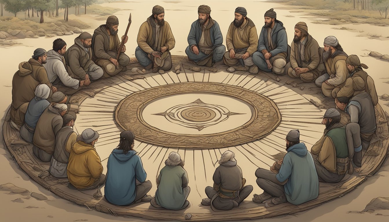 A circle of hunters surround a slain animal, offering prayers and placing symbolic offerings as a sign of gratitude and respect