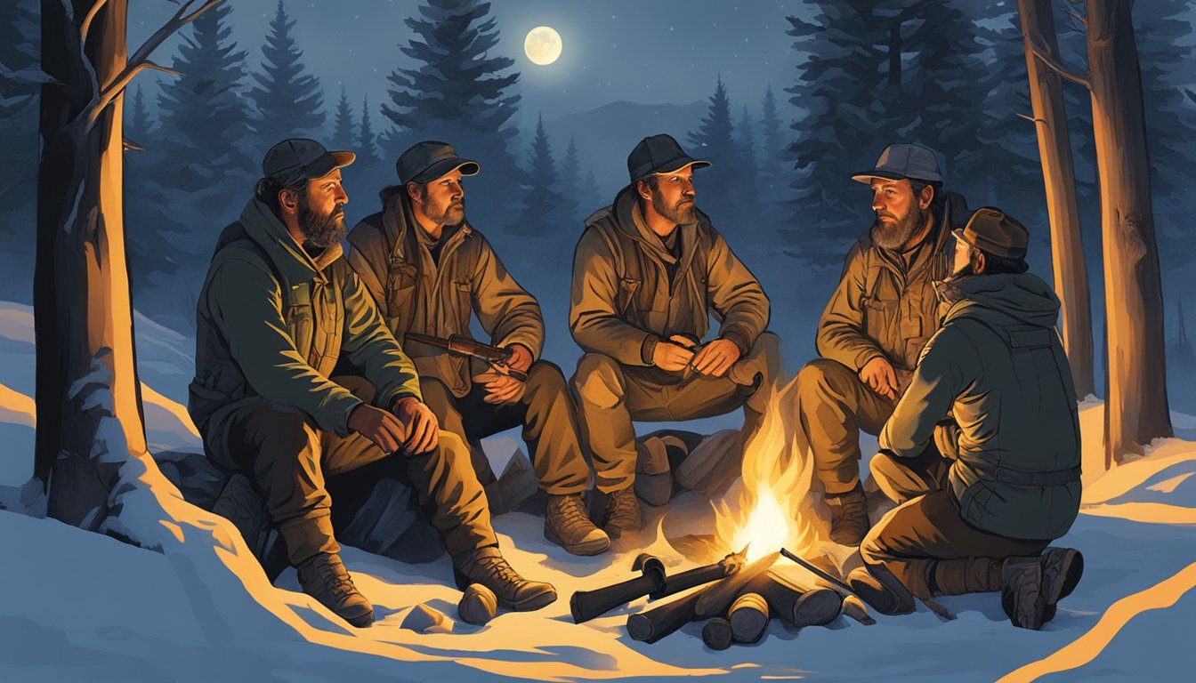 A group of hunters gather around a campfire, sharing stories and preparing their gear for the next day's hunt. The glow of the fire illuminates their faces as they bond over the cultural significance of the hunt