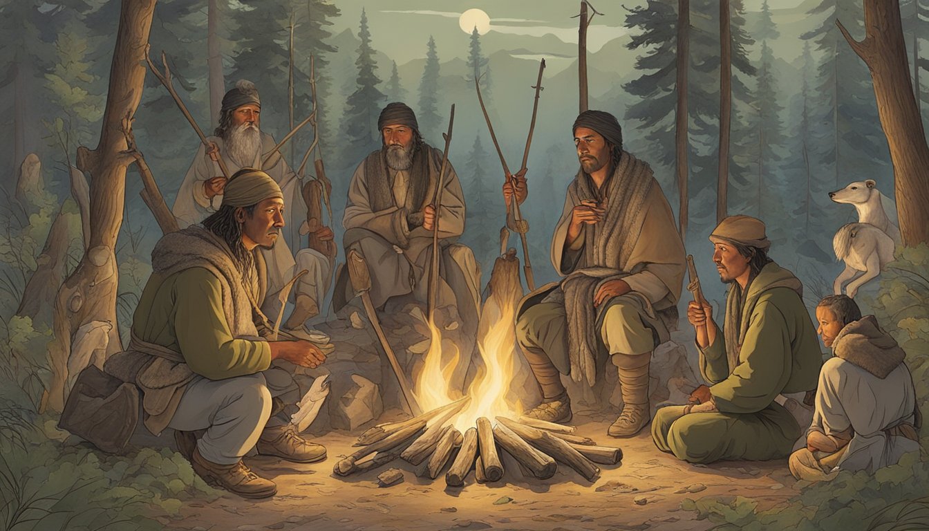 A group of hunters gather around a ceremonial fire, offering prayers and thanks to the spirits of the animals they hunt. The scene is filled with traditional tools and symbols of respect for the natural world