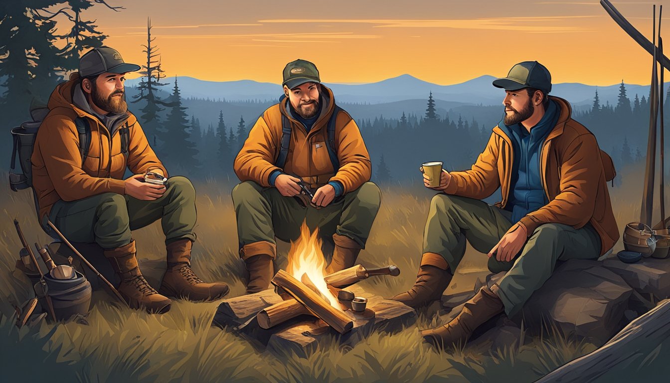 A group of hunters gather around a campfire, sharing stories and preparing their gear for the next day's hunt. The camp is filled with the sounds of laughter and the smell of cooking food