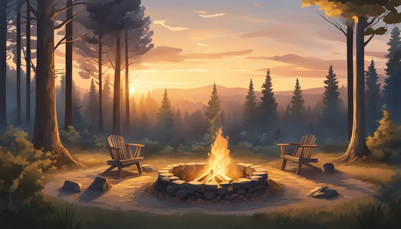 A forest clearing with animal bones arranged in a circle around a central fire pit. Smoke rises into the air as the sun sets behind the trees