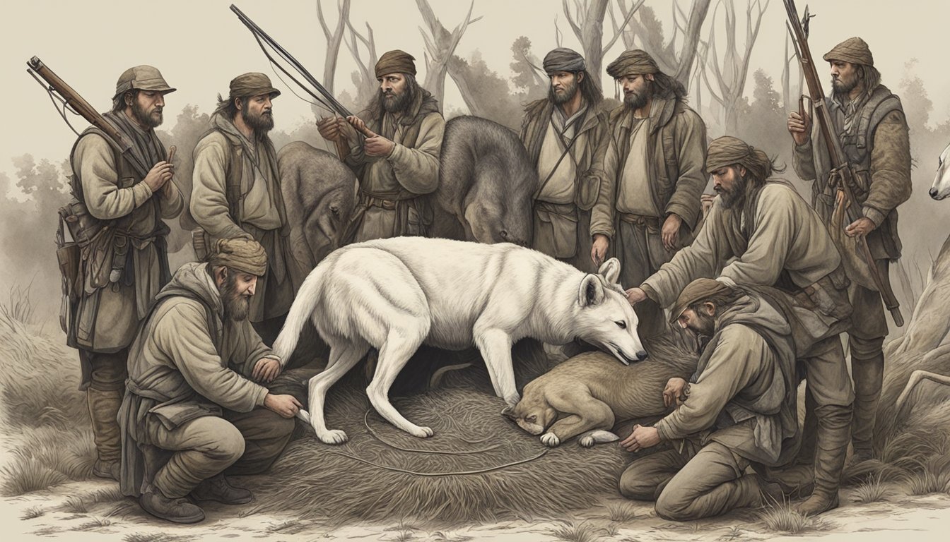 A group of hunters surround a slain animal, offering prayers and laying down symbolic offerings to honor the spirit of the prey