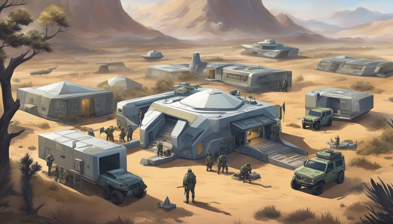 A futuristic hunt camp with advanced weapons and strategic planning, surrounded by symbols of cultural significance