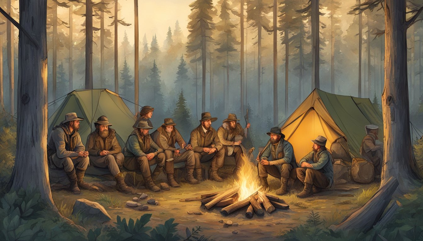 A group of hunters gather around a campfire, surrounded by woodland. Tents and hunting gear are scattered about, highlighting the cultural significance of the hunt camp