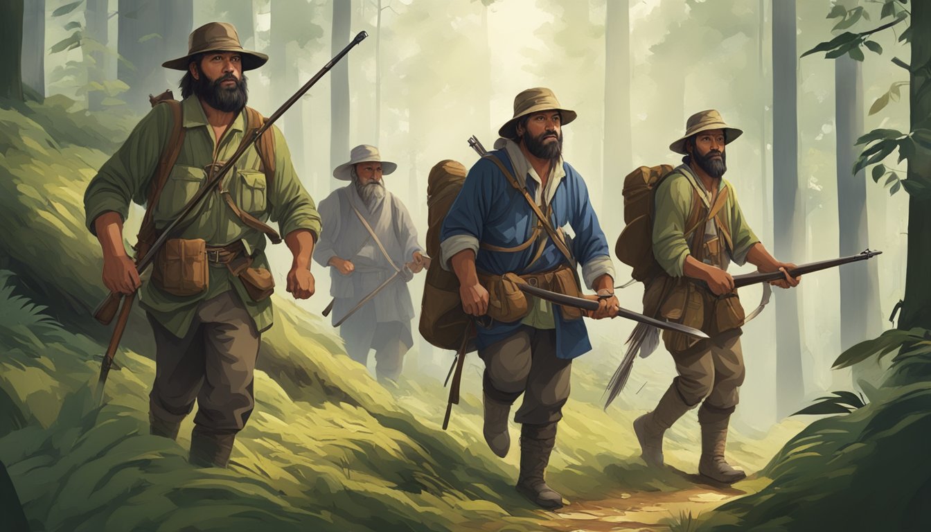 A group of hunters tracking through a dense forest, carrying traditional weapons and wearing clothing indicative of their nation's heritage