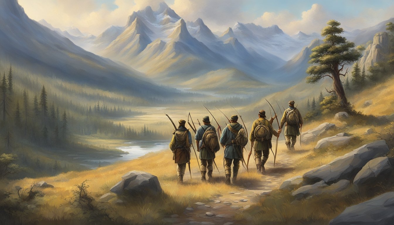 A group of hunters trek through a rugged landscape, armed with bows and spears, in search of game. The surrounding wilderness symbolizes the connection between hunting and national identity