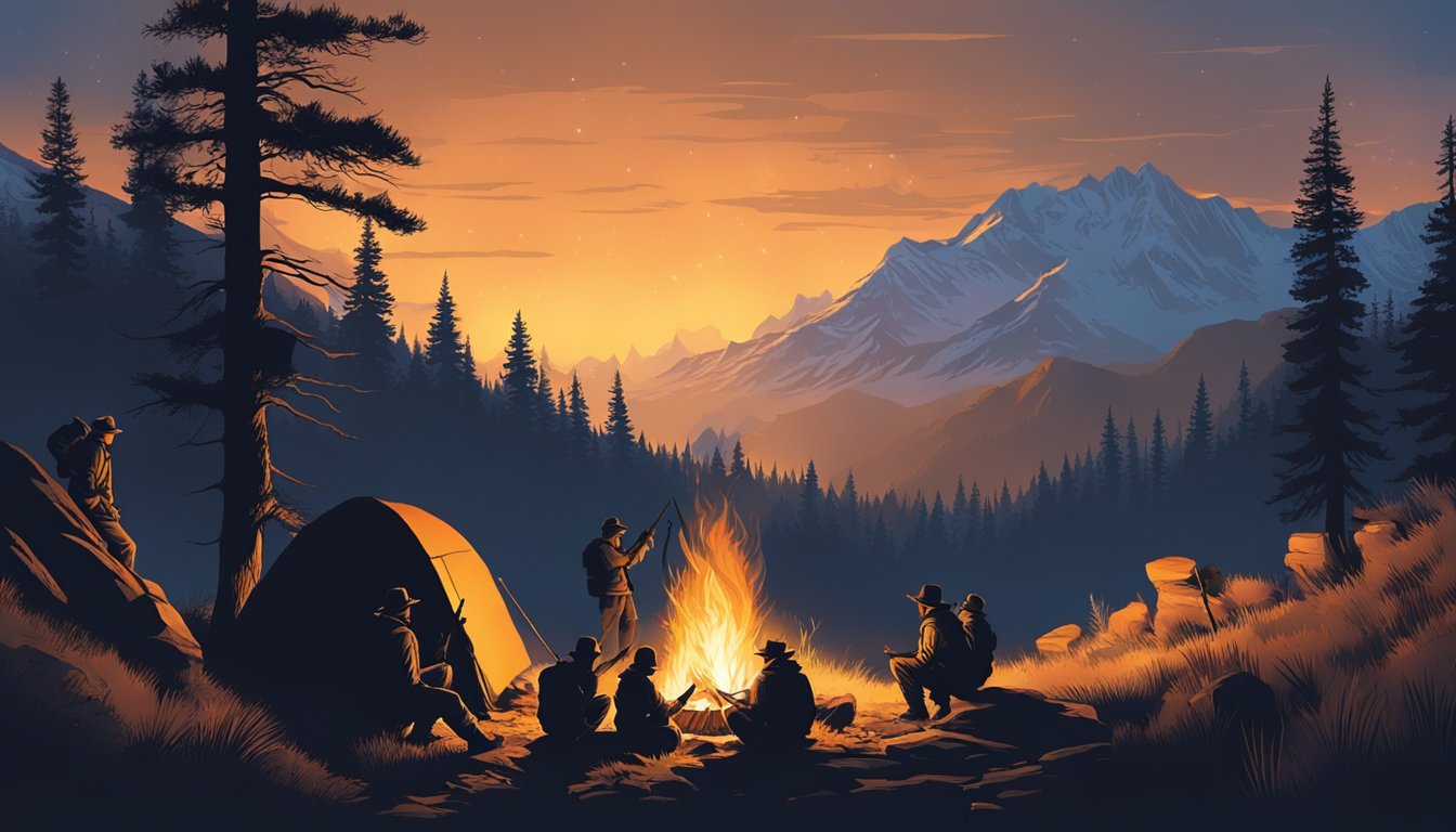 A group of hunters gather around a campfire, their silhouettes illuminated by the flickering flames against a backdrop of rugged mountains and dense forest