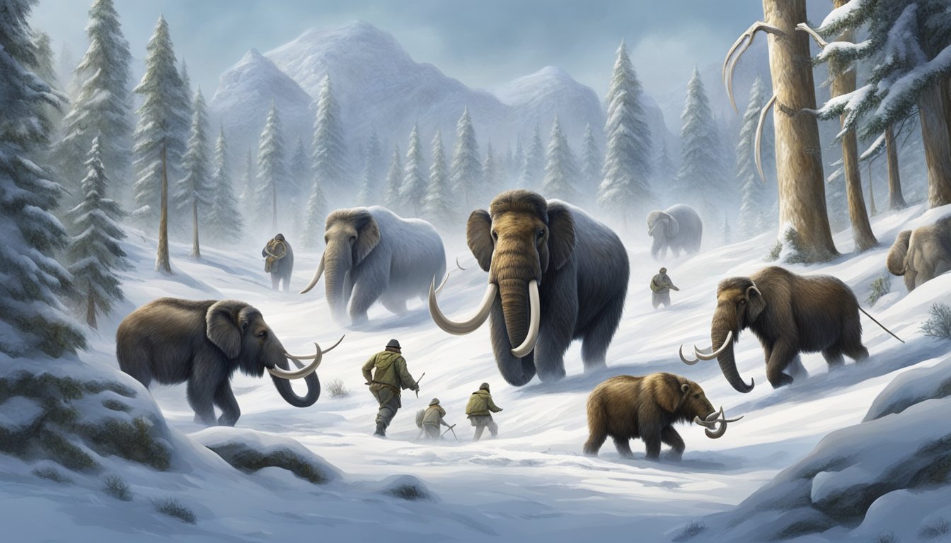 A group of prehistoric hunters tracking a herd of woolly mammoths through a dense, snow-covered forest