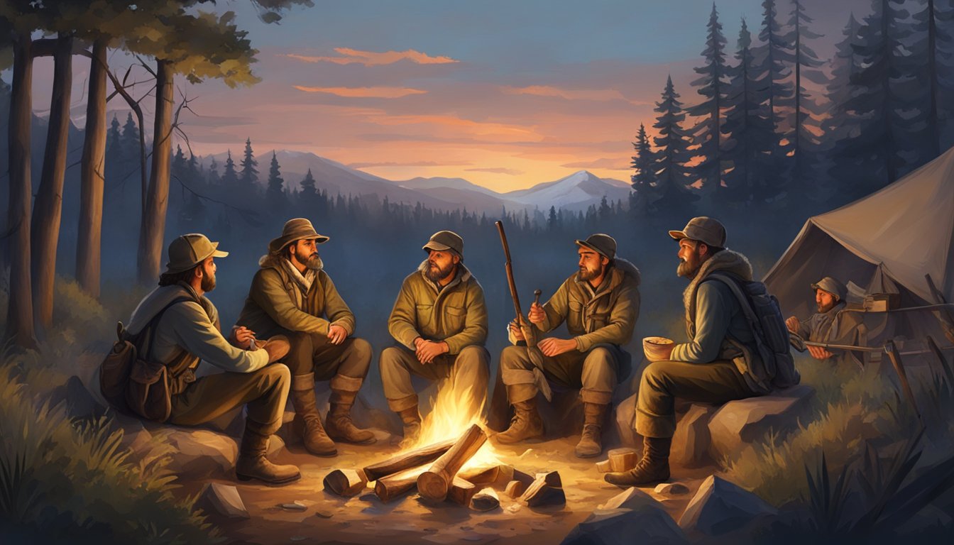 A group of hunters gather around a campfire, sharing stories and traditions, while the national flag flutters in the background