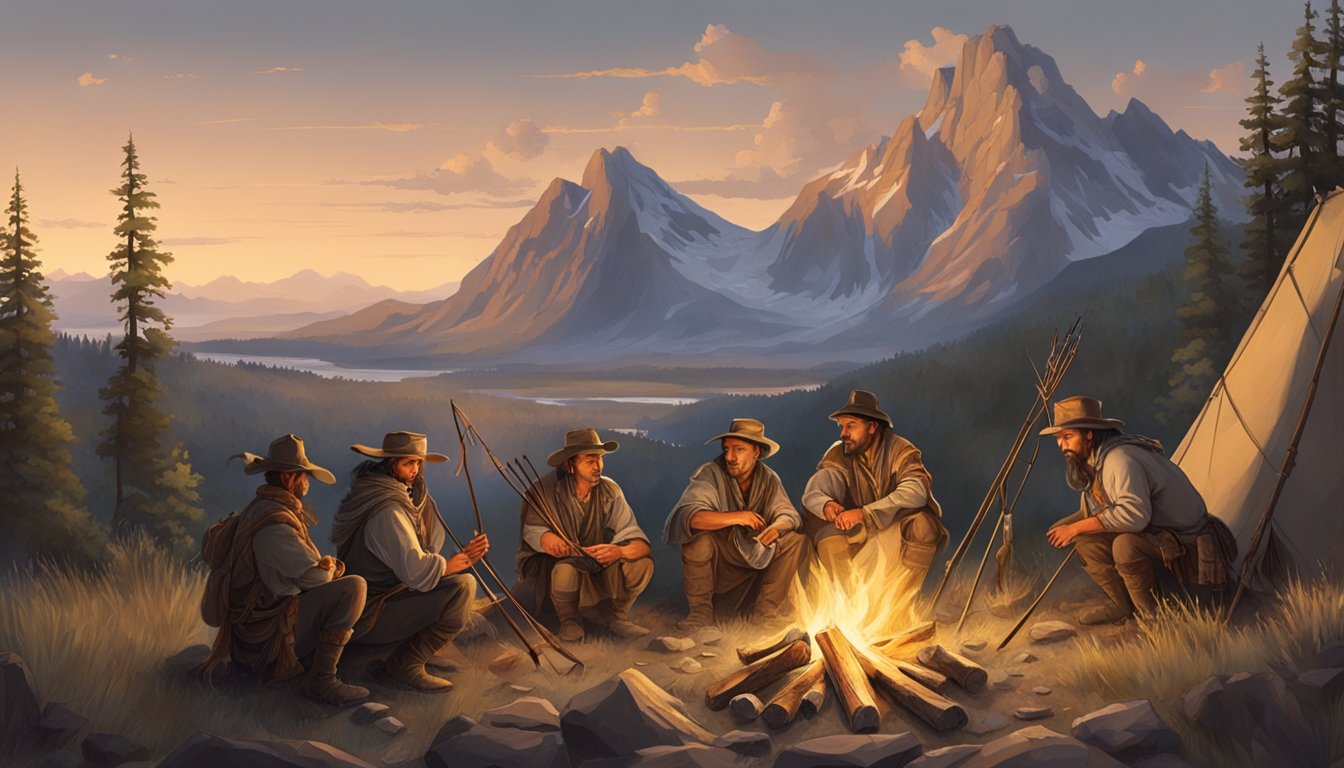 A group of hunters in traditional clothing gather around a campfire, their bows and arrows laid out nearby. The landscape around them is rugged and wild, with mountains in the distance