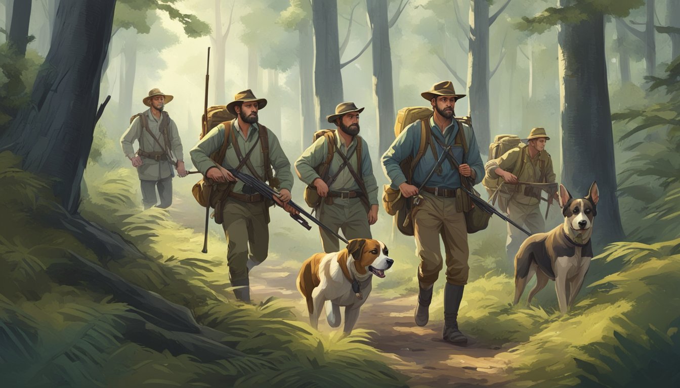 A group of explorers with rifles and hunting dogs trek through a dense forest, tracking game during a historical exploration