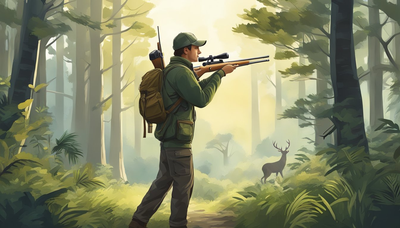 A hunter tracking through a dense forest, observing wildlife and natural surroundings, with a focus on conservation and sustainability