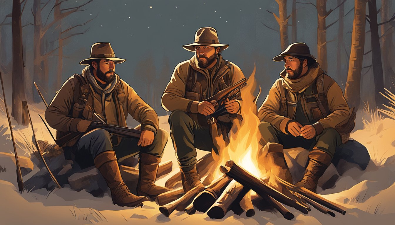 A group of hunters carrying rifles and dressed in traditional hunting gear gather around a campfire, their faces illuminated by the warm glow as they share stories and celebrate their cultural connection to hunting