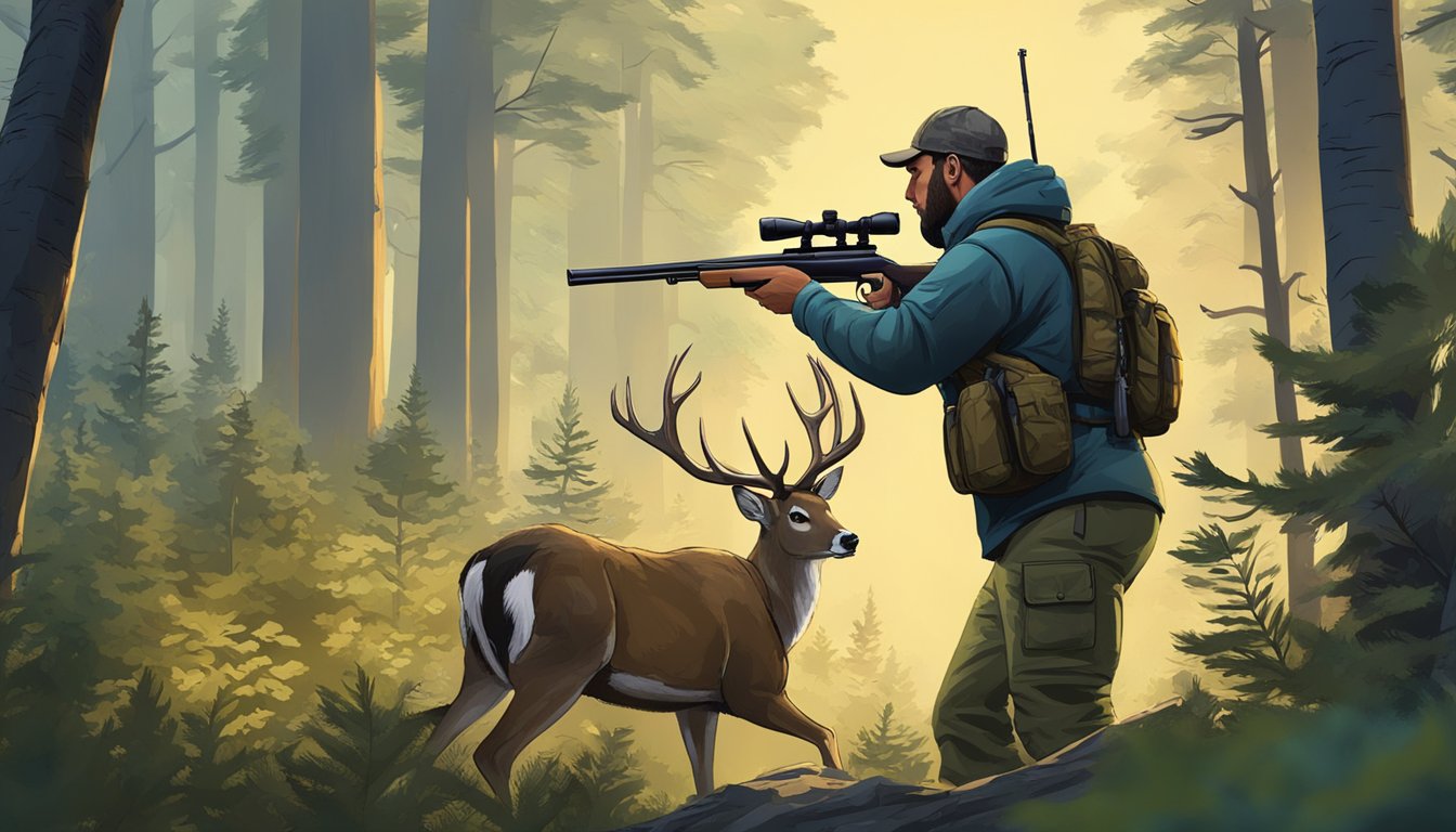 A hunter using a high-powered rifle to track and shoot a deer in a dense forest