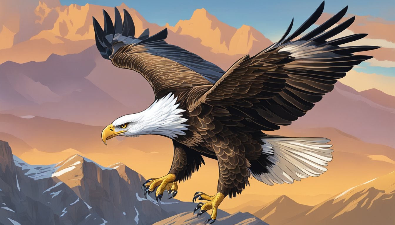 A majestic eagle swoops down to catch its prey in a rugged, mountainous landscape