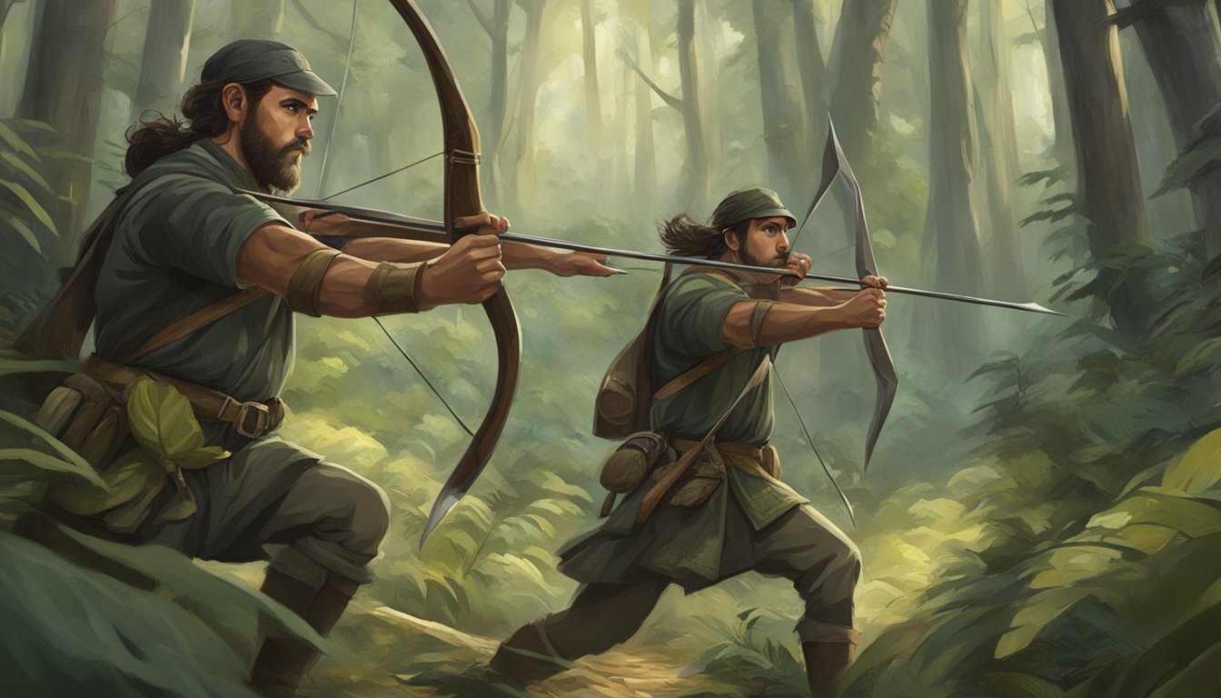 Hunters tracking through dense forest, wielding spears and bows, with a sense of determination and purpose in their eyes