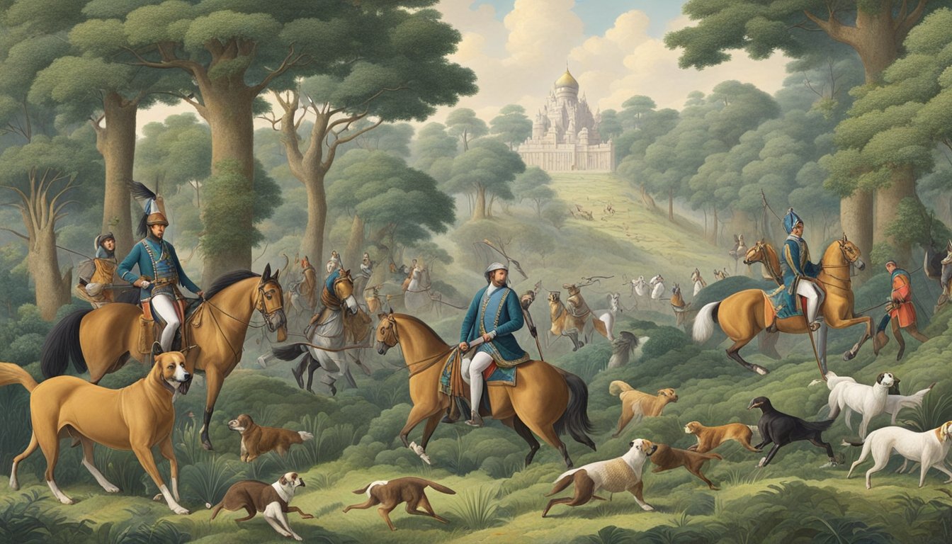 A grand forest with regal animals being hunted by nobility on horseback, surrounded by opulent hunting dogs and falcons