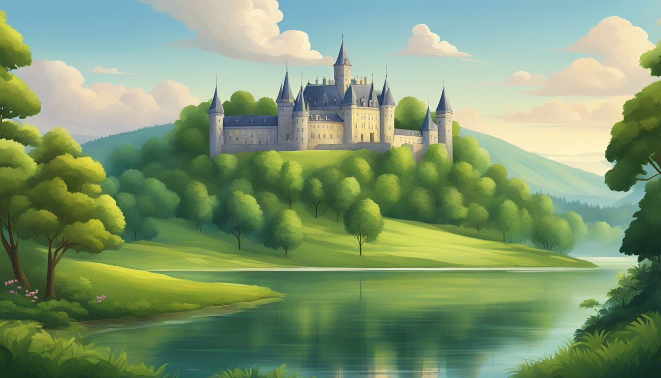 A lush forest with a grand castle in the background, surrounded by a vast hunting estate with rolling hills and a serene lake