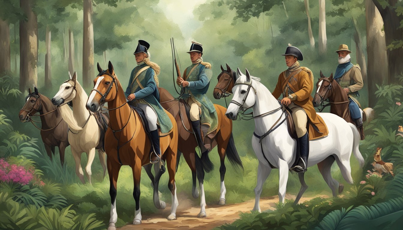 Members of the royal family riding on horseback through a lush forest, accompanied by hunting dogs, as they prepare for a traditional hunting expedition