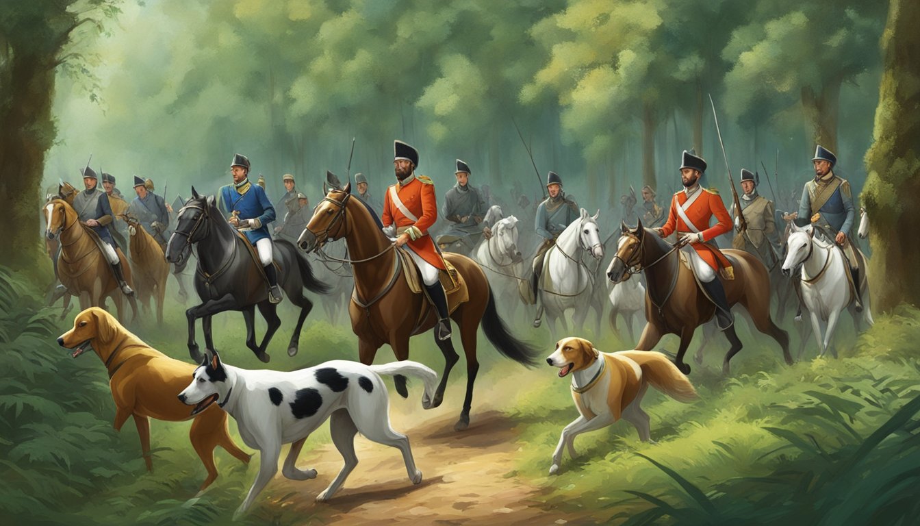 A royal figure on horseback leads a hunting party through a lush forest, with hounds eagerly sniffing the ground for prey