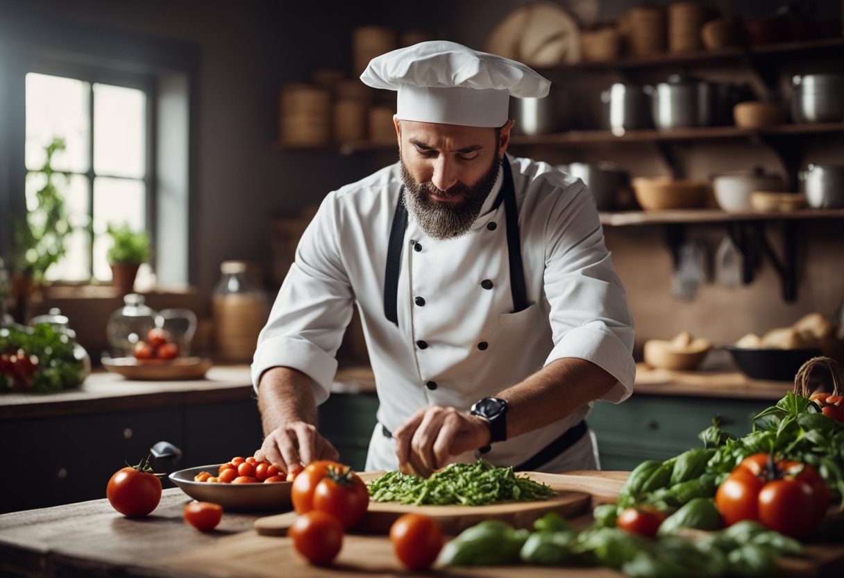 Um chef em uma cozinha rústica, cercado por ingredientes frescos como tomates, manjericão e massa sem glúten, preparando pratos tradicionais italianos sem glúten.