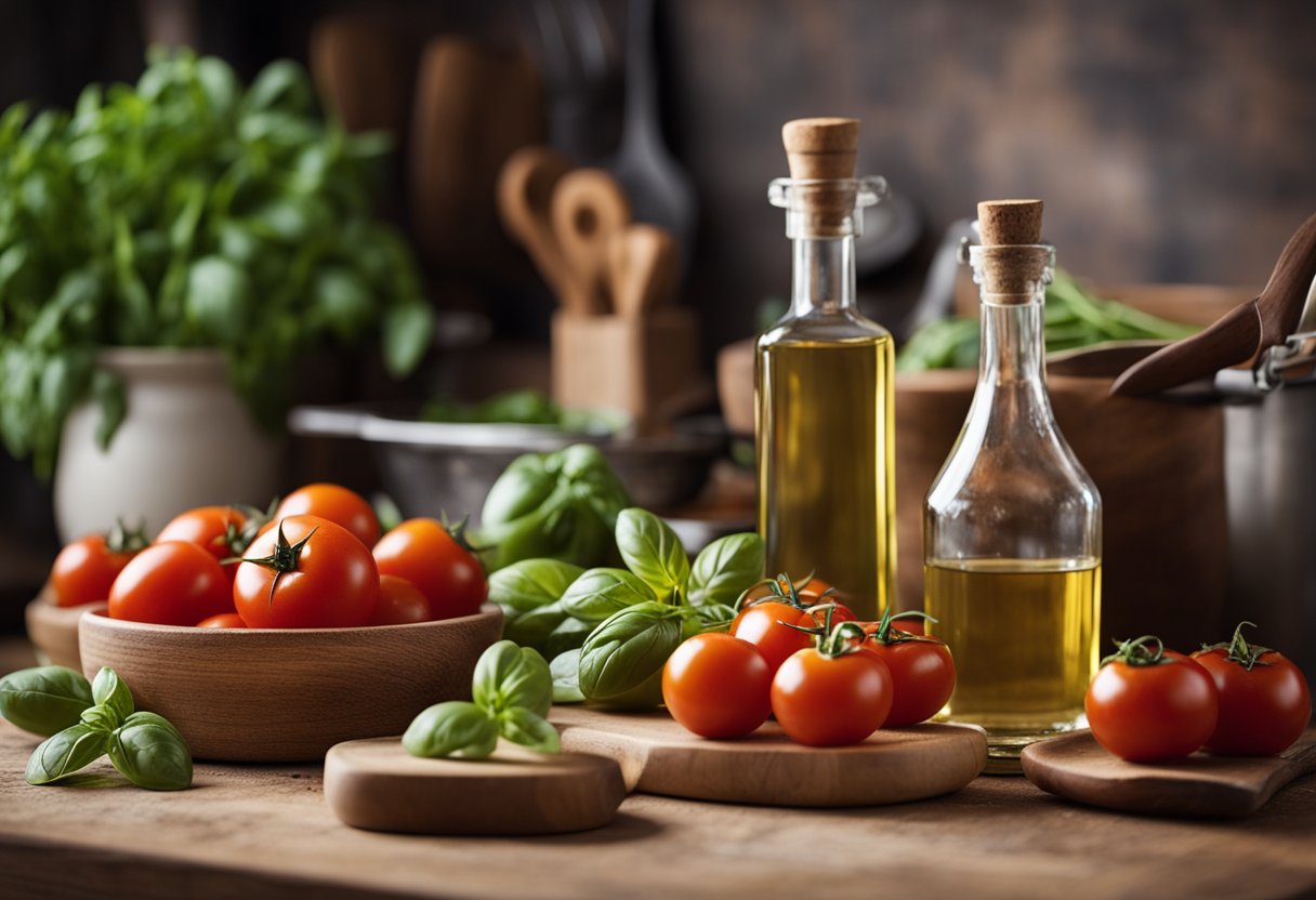 Uma cozinha rústica com ingredientes frescos como tomates, manjericão e azeite de oliva dispostos em uma mesa de madeira. Uma pilha de livros de receitas italianas e uma tigela de farinha sem glúten estão próximas.