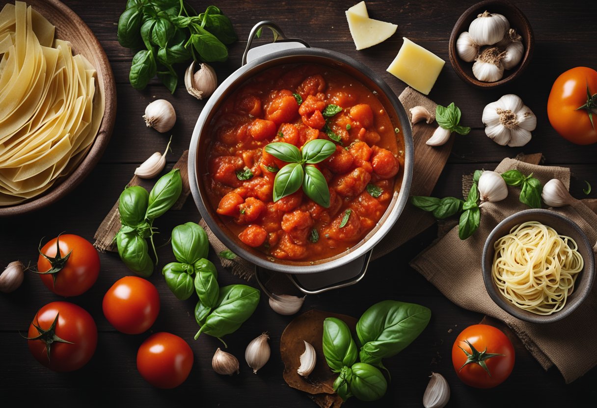 Uma cozinha rústica com ingredientes frescos como tomates, alho e manjericão. Uma panela de molho marinara borbulhante e uma tigela de massa caseira.