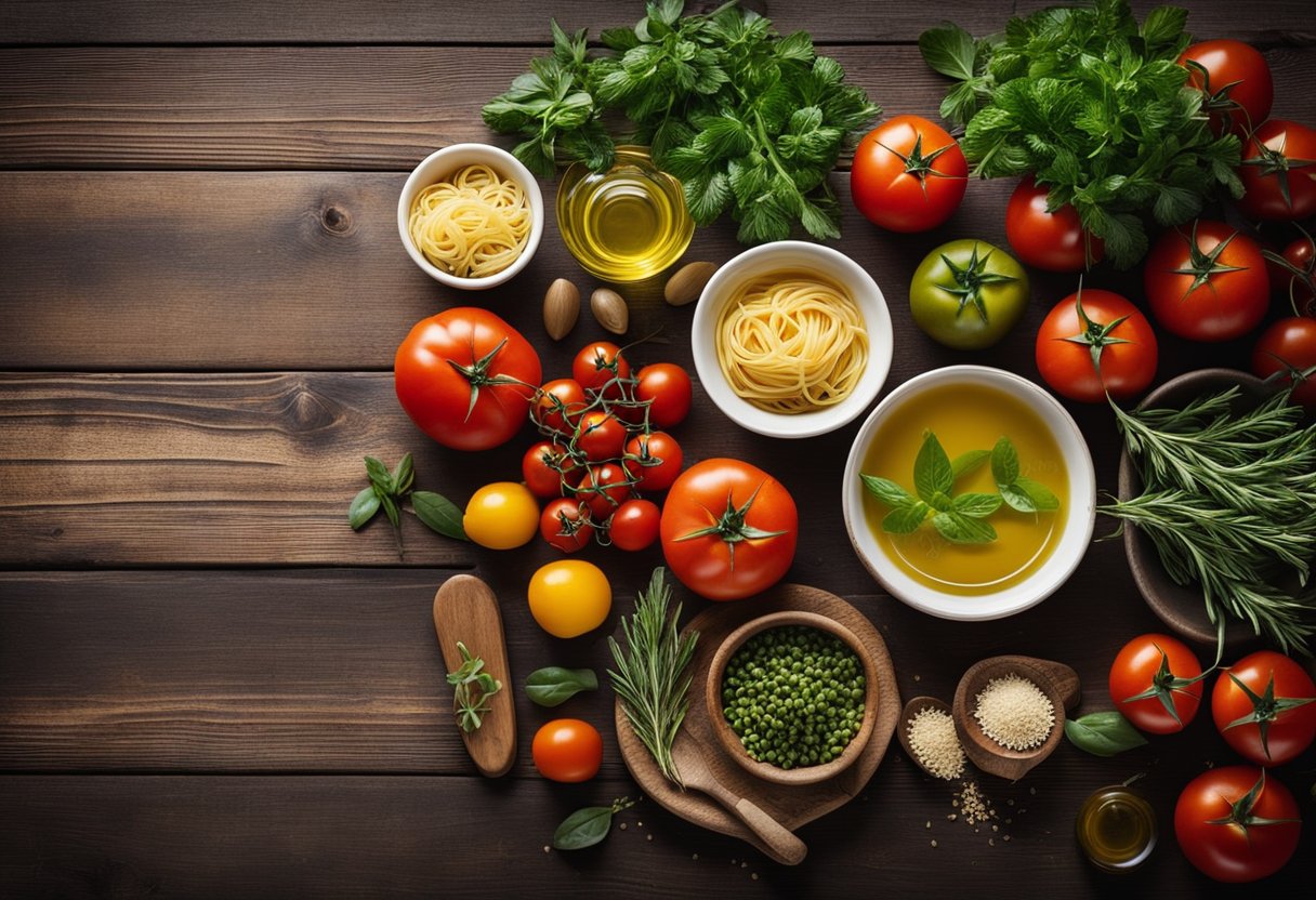 Uma cozinha rústica com ervas frescas, tomates e azeite. Uma mesa de madeira decorada com legumes coloridos e macarrão. Uma atmosfera aconchegante e convidativa.