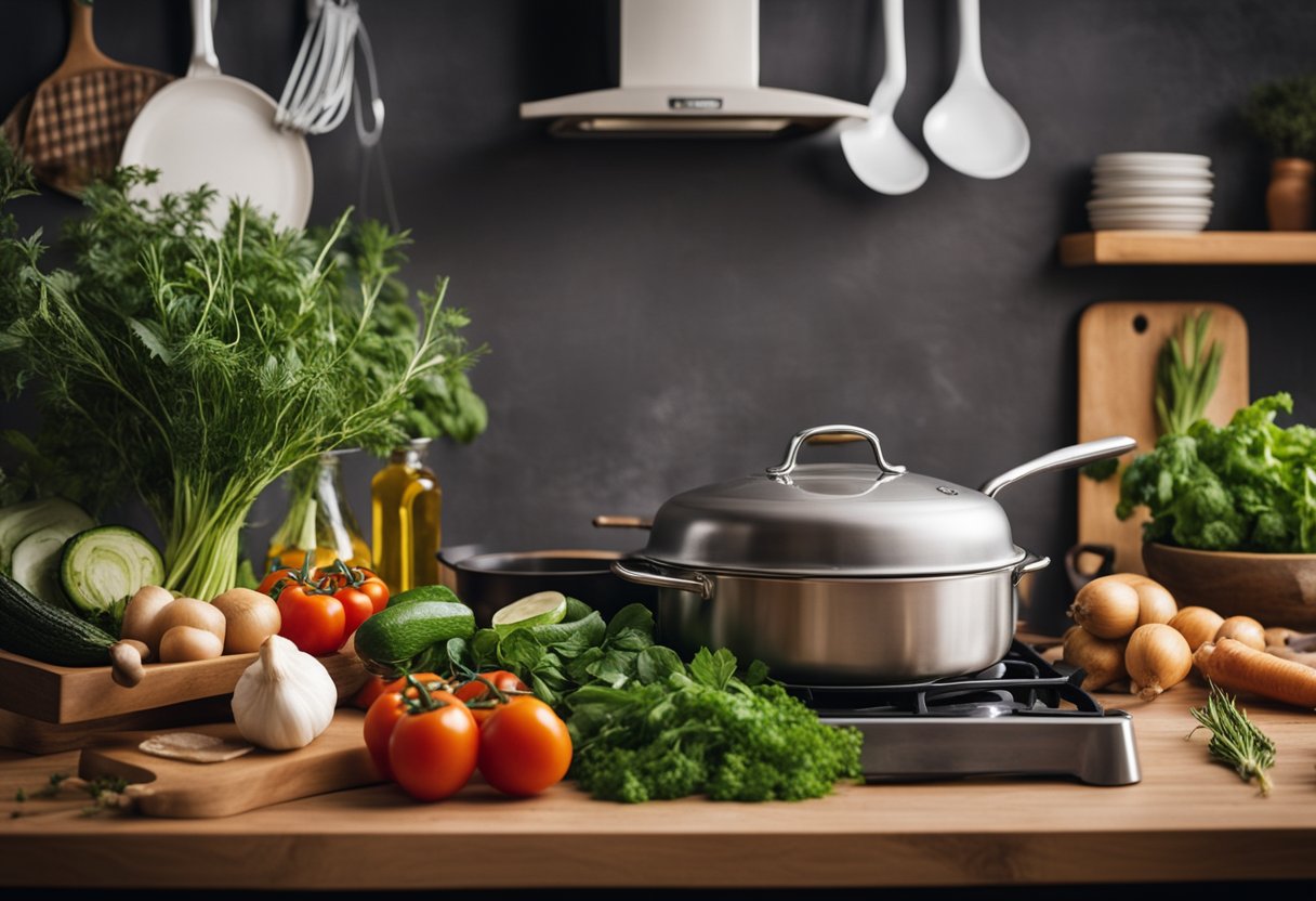 Uma cozinha rústica com vegetais frescos, azeite, ervas e uma variedade de utensílios de cozinha. Uma panela borbulha no fogão enquanto uma tábua de corte exibe ingredientes coloridos.