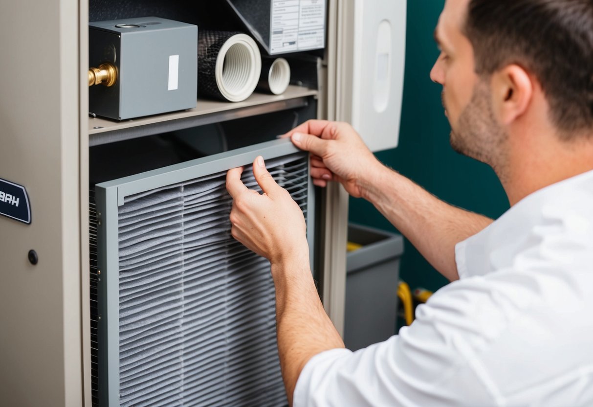 A technician installs various air filters in an HVAC system, showcasing different types and sizes