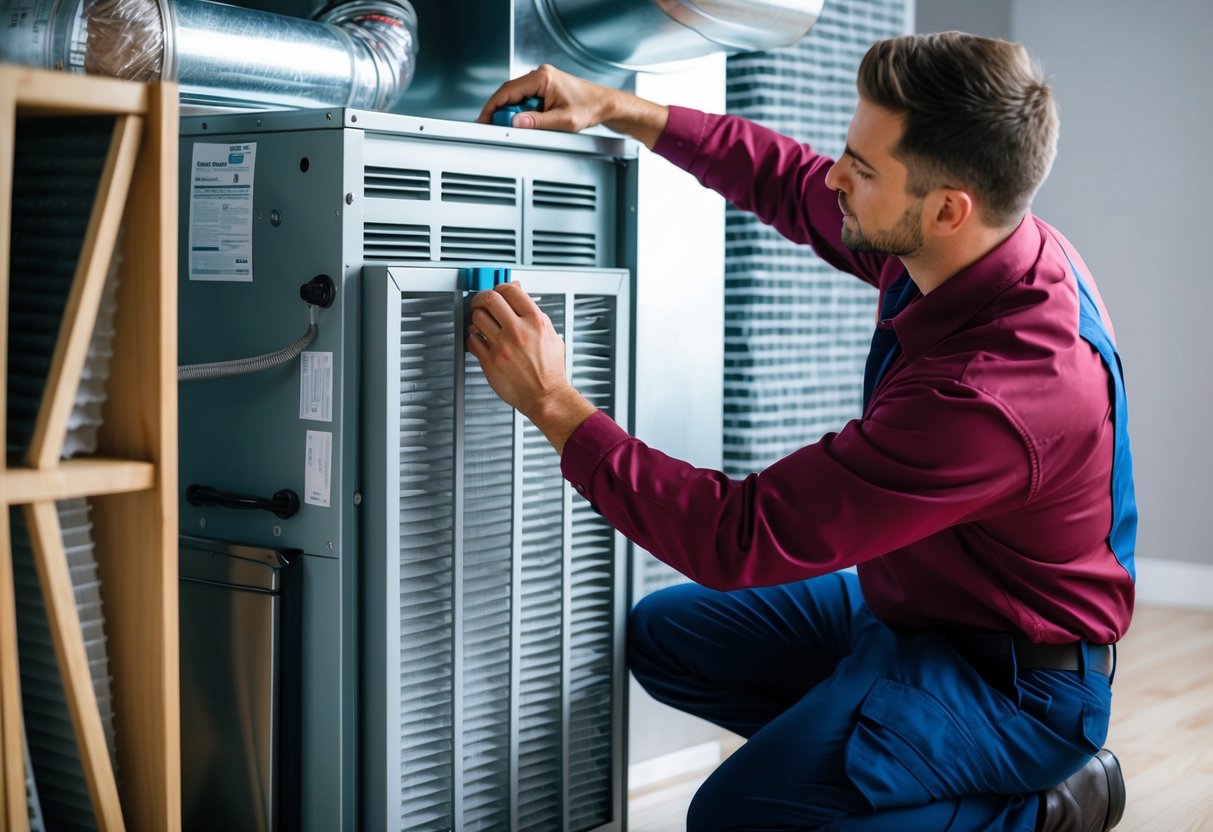 A technician replacing an air filter in an HVAC system, surrounded by various types of air filters