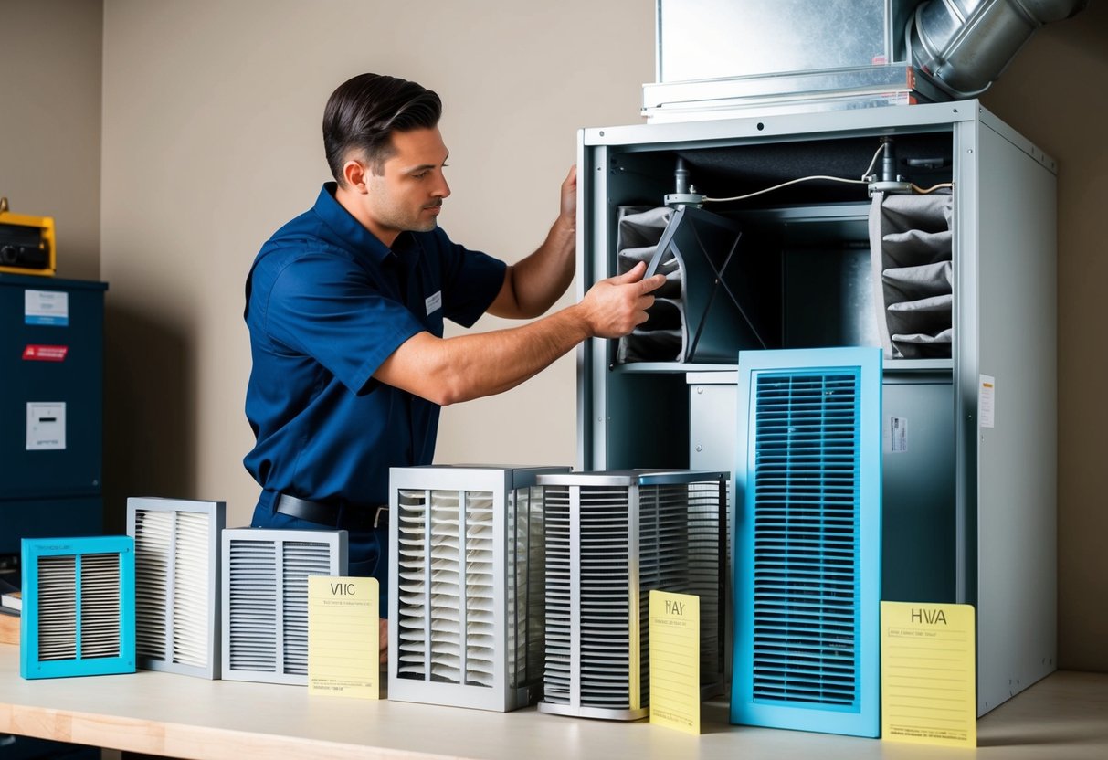 A technician installs various air filters in an HVAC system, showcasing their different types and sizes. The filters are labeled and organized on a workbench