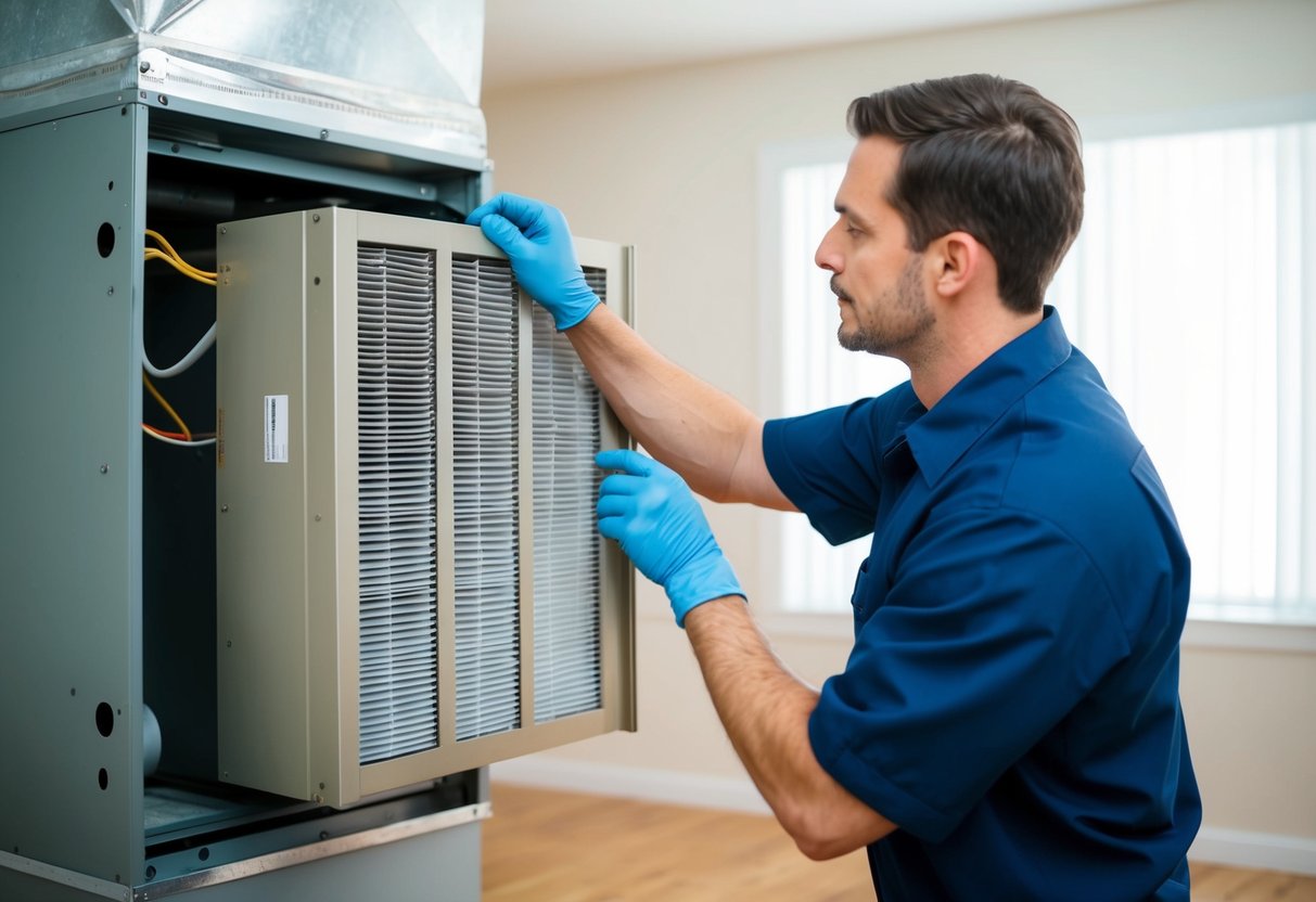 A technician installing a high-quality air filter into an HVAC system, with clean, filtered air flowing out into a room