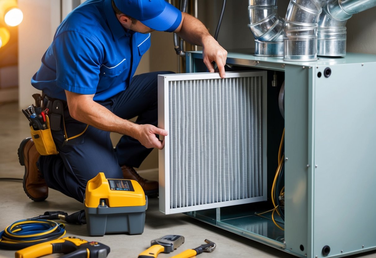 A technician installs a high-quality air filter into an HVAC system, surrounded by tools and equipment. The system hums to life, circulating clean, filtered air throughout the building