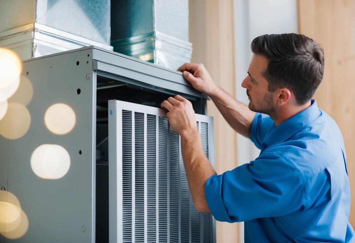 A technician carefully installs a new air filter into an HVAC system, avoiding common mistakes. The filter is shown fitting snugly into place, emphasizing its importance