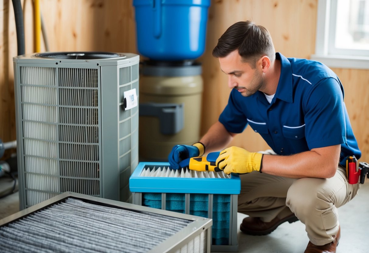 A technician gathers tools and examines various air filters for an HVAC system