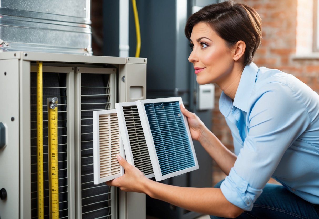 A person measuring the dimensions of an HVAC system while holding different sized air filters, with a thoughtful expression on their face