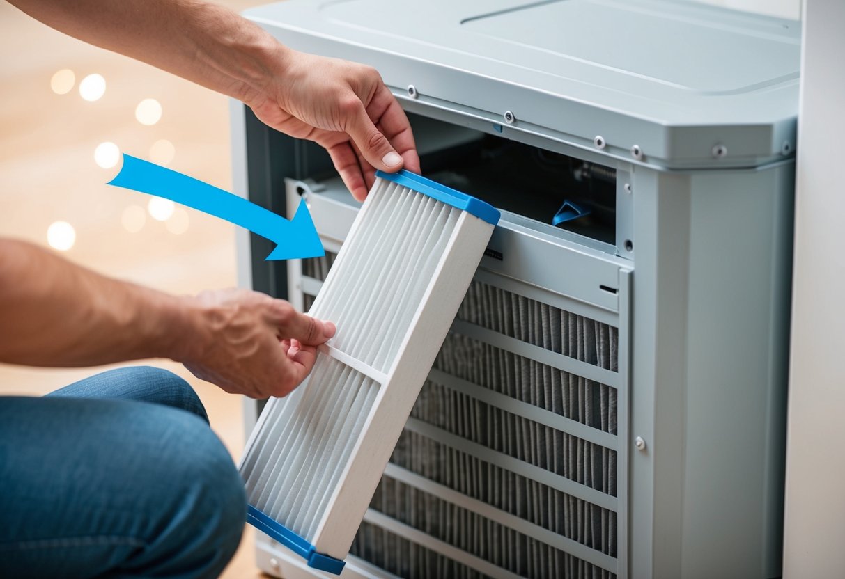 A clean air filter being inserted into an HVAC system, with arrows showing improved air quality and system performance