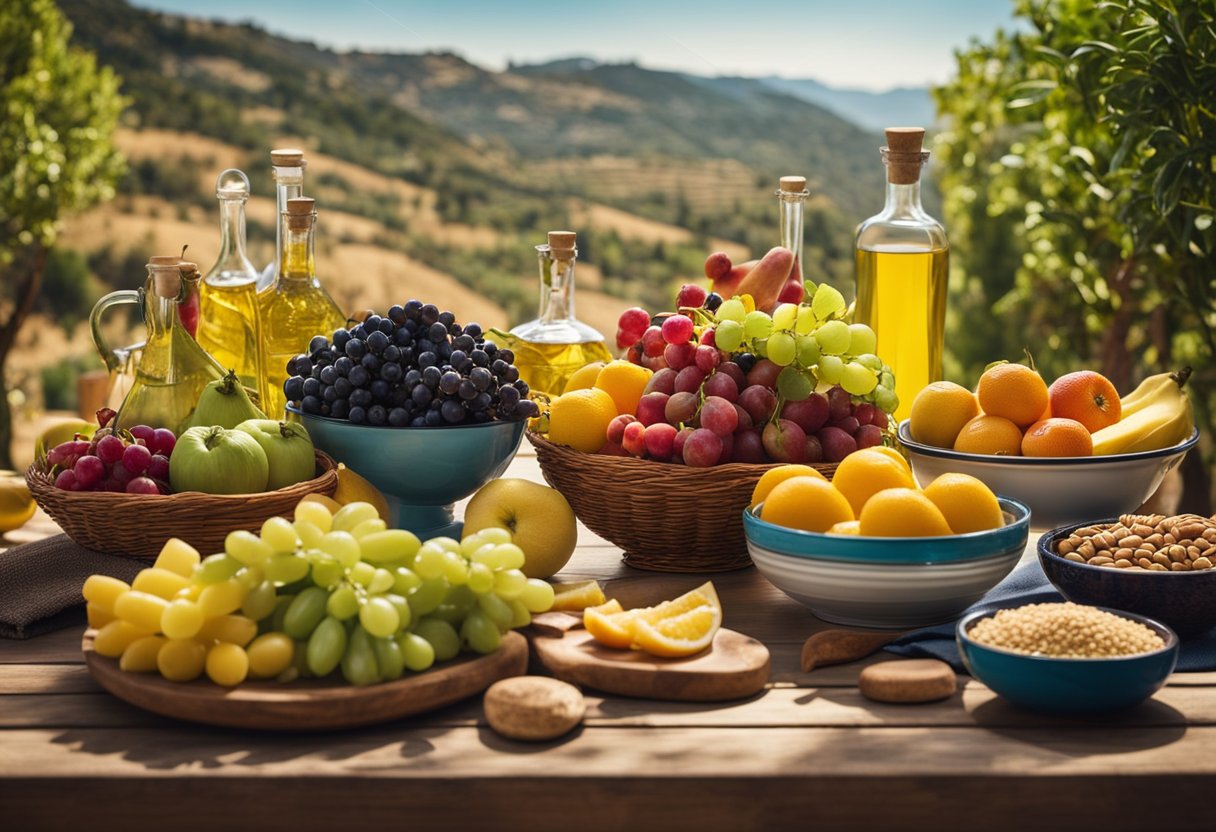 Uma mesa posta com uma variedade de frutas coloridas, vegetais, azeite de oliva e grãos integrais, cercada por uma pitoresca paisagem mediterrânea.