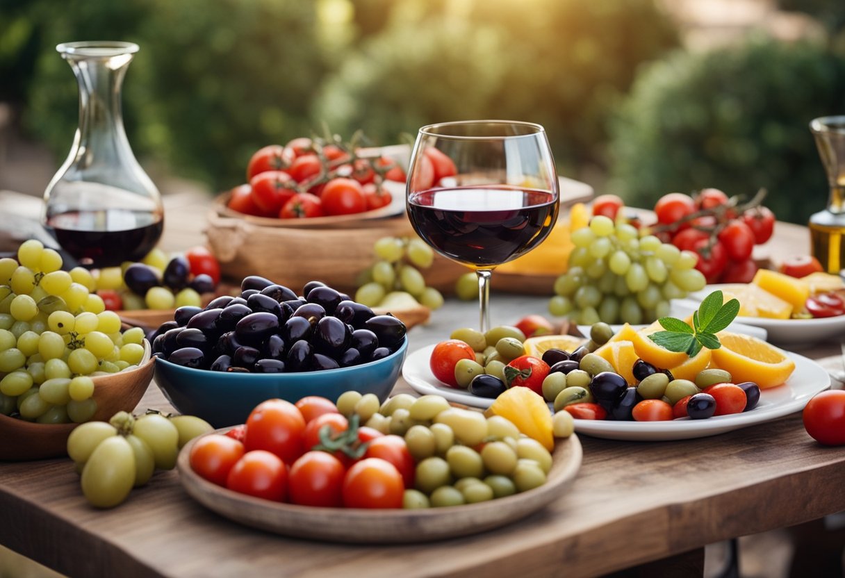 Uma mesa posta com pratos mediterrâneos coloridos, incluindo azeitonas, tomates e azeite. Um copo de vinho tinto e uma tigela de frutas frescas completam a cena.